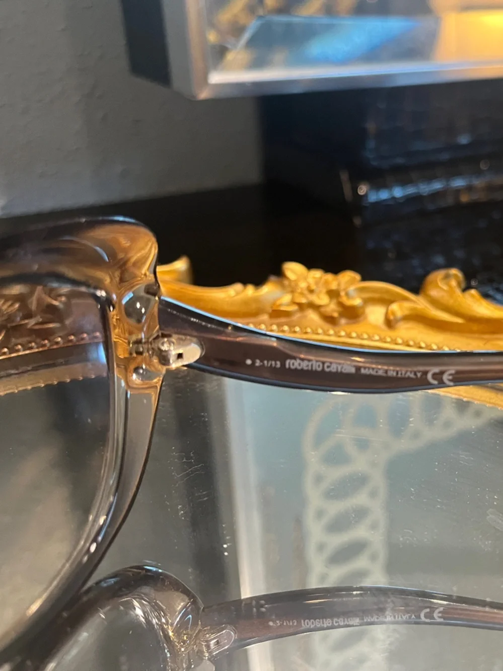 Vintage Roberto Cavalli Sunglasses Gray Cat-Eye with Gold Logo and crystals